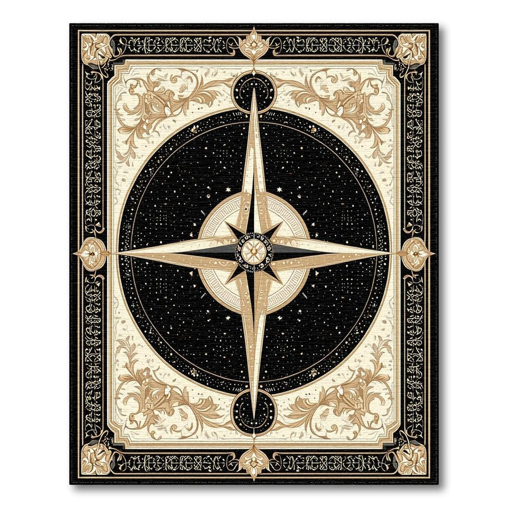 Elegant Black Gold Ornate Compass Rug(Black)