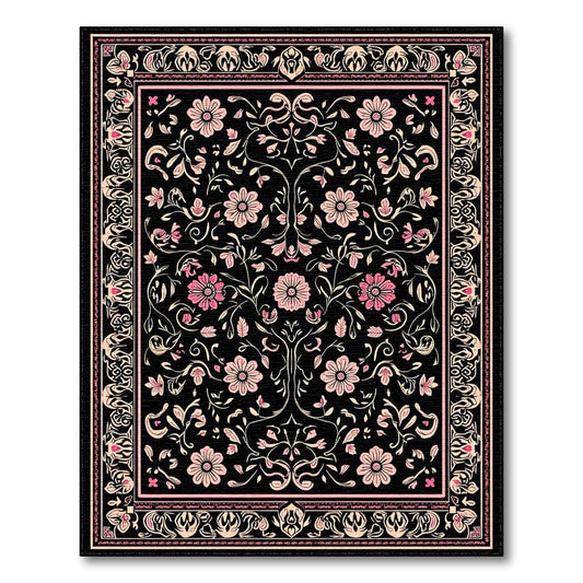 Elegant Black Pink Floral Rug(Black)