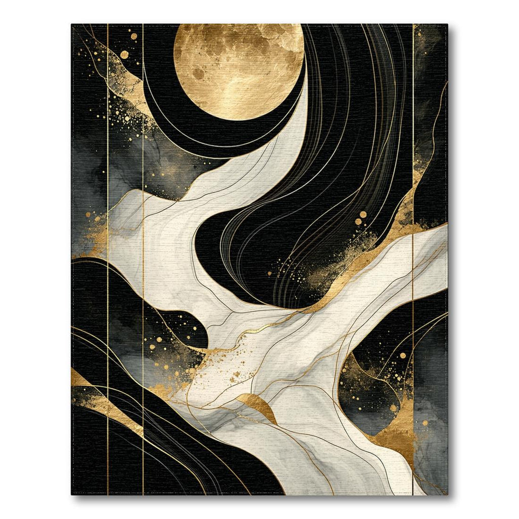 Elegant Black White Gold Abstract Flow Rug