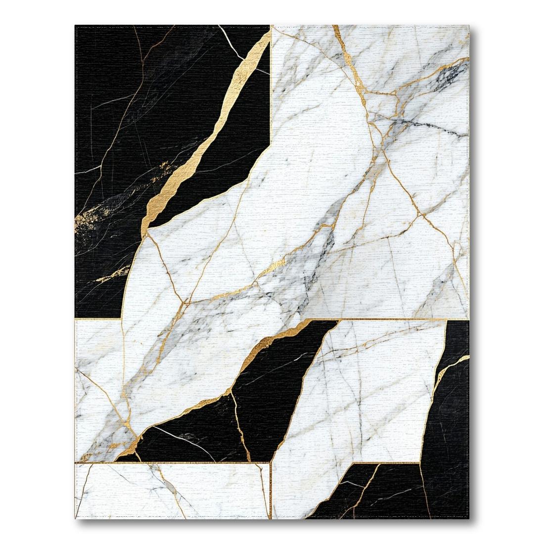 Elegant Black White Gold Veined Marble Rug