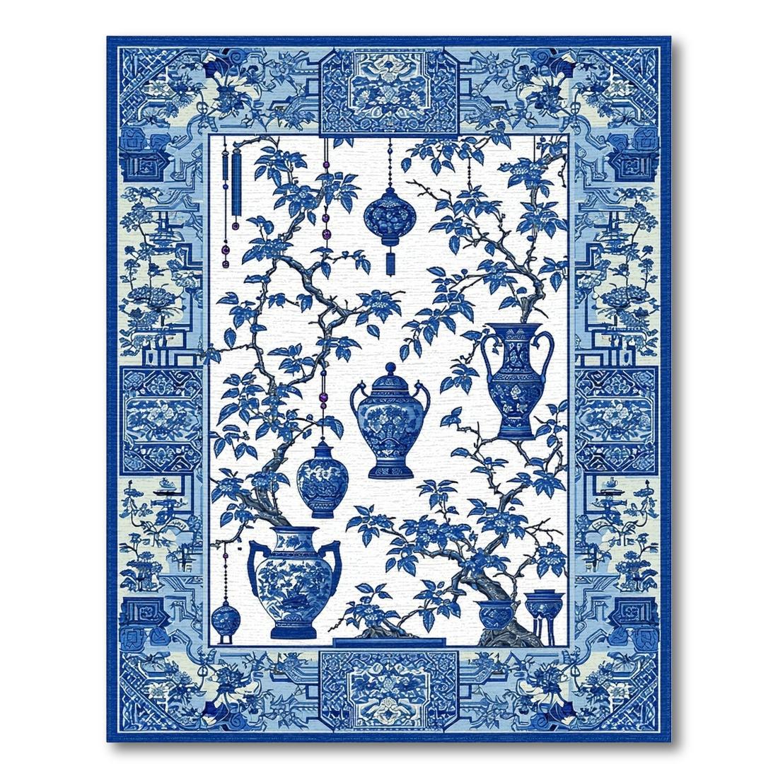 Elegant Blue-and-White Chinoiserie Rug(Blue)