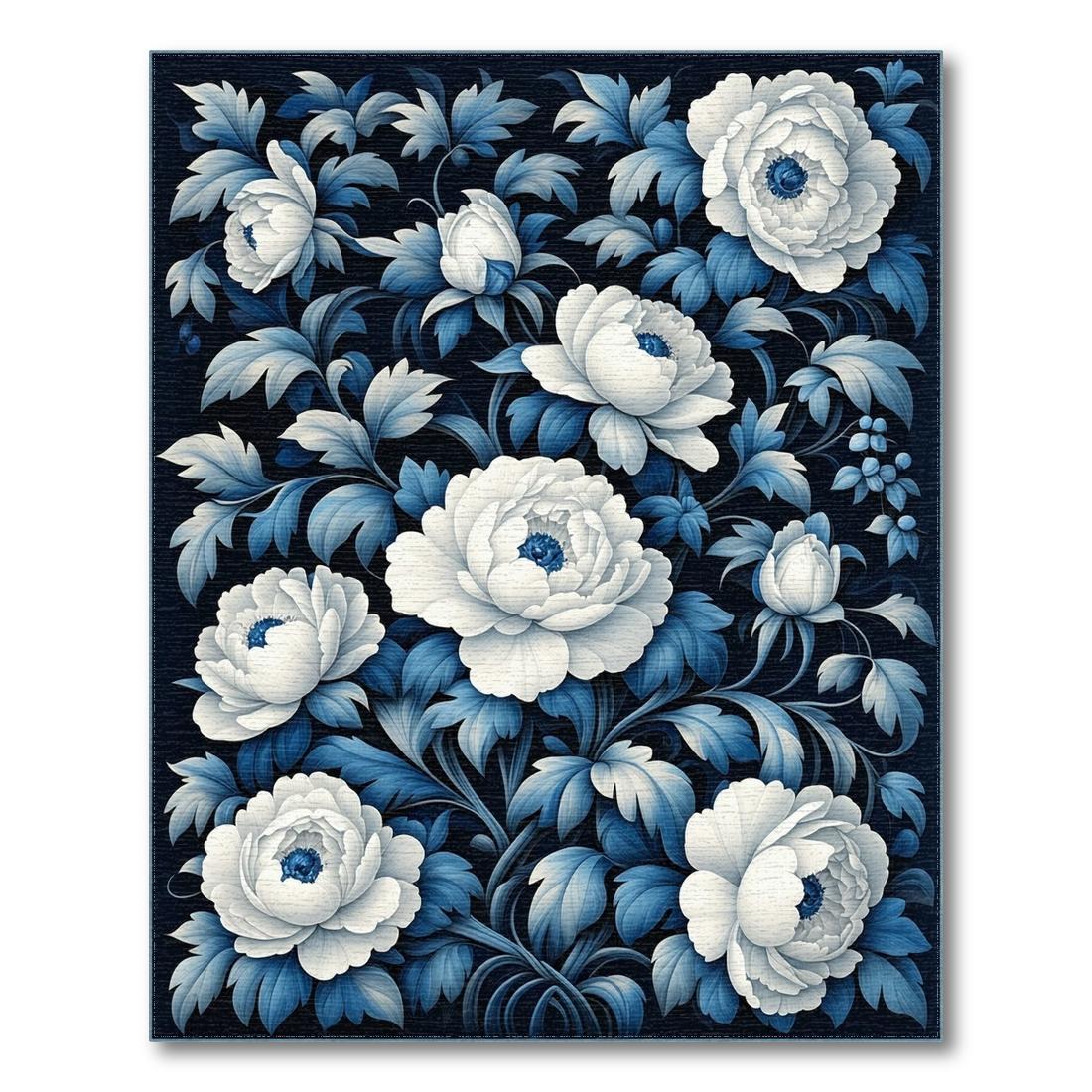 Elegant Navy Blue and White Floral Rug(Blue)