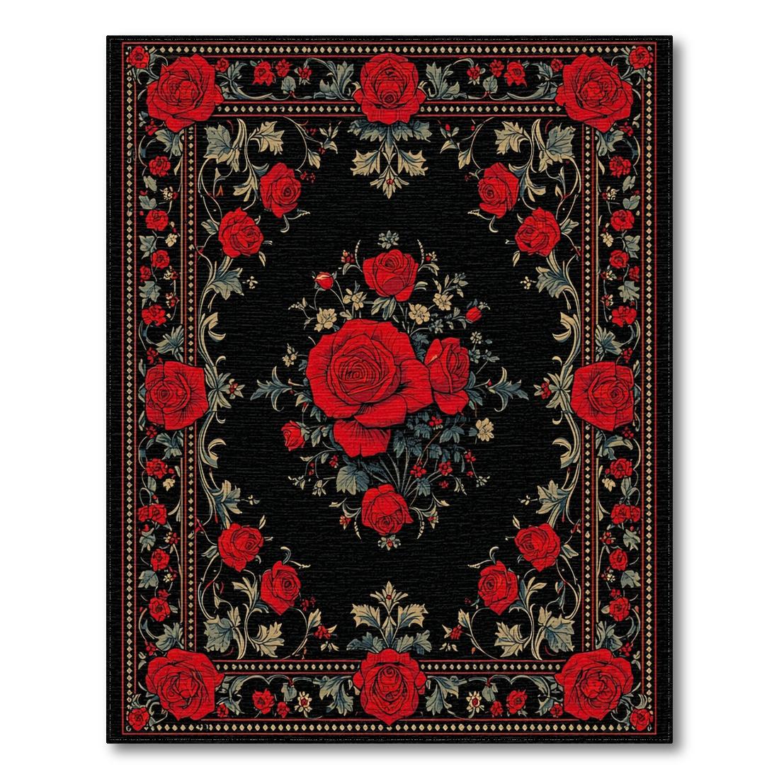 Elegant Red Floral Black Rug(Red)