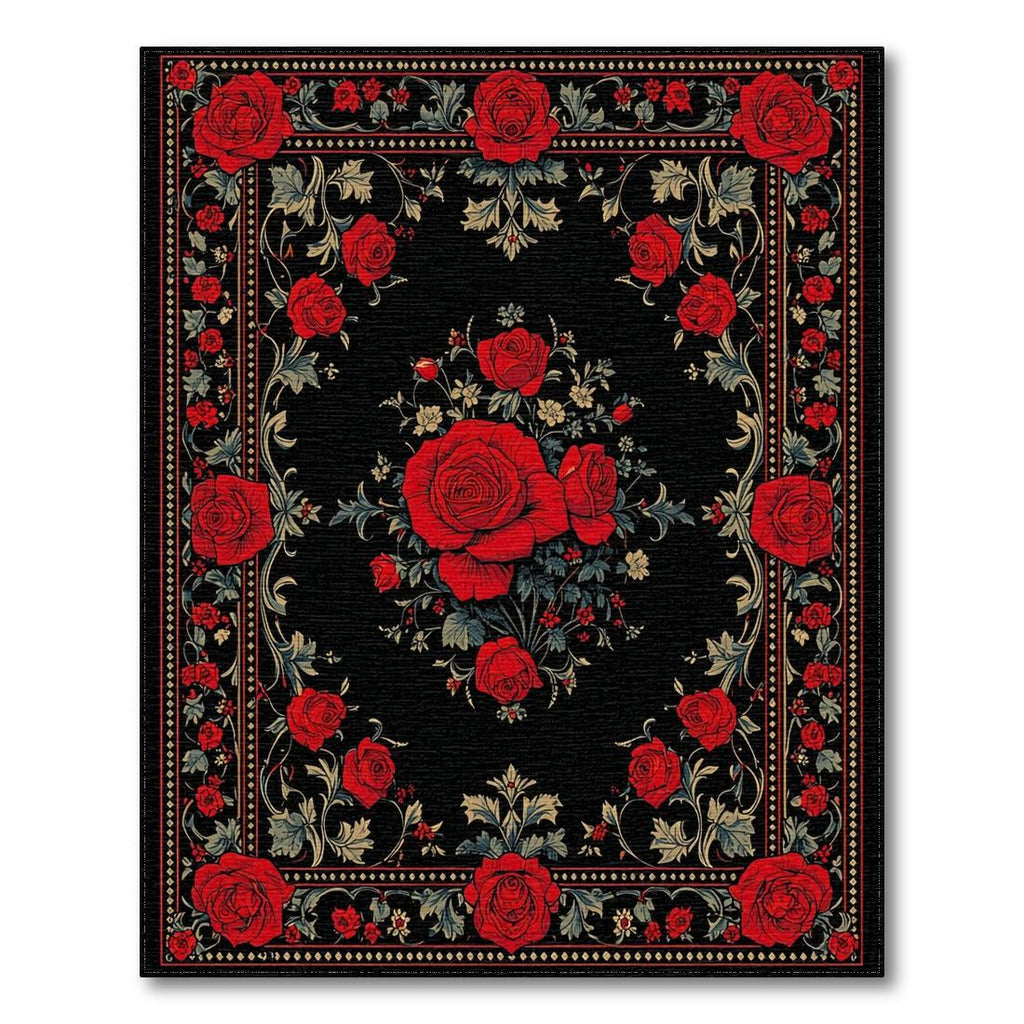 Elegant Red Floral Black Rug(Red)