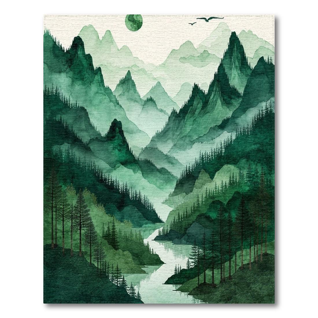 Emerald Green Mountain Forest Serene Rug