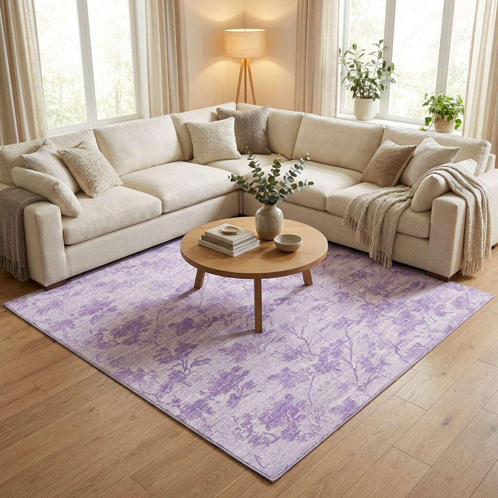 Faded Lavender Distressed Floral Rug