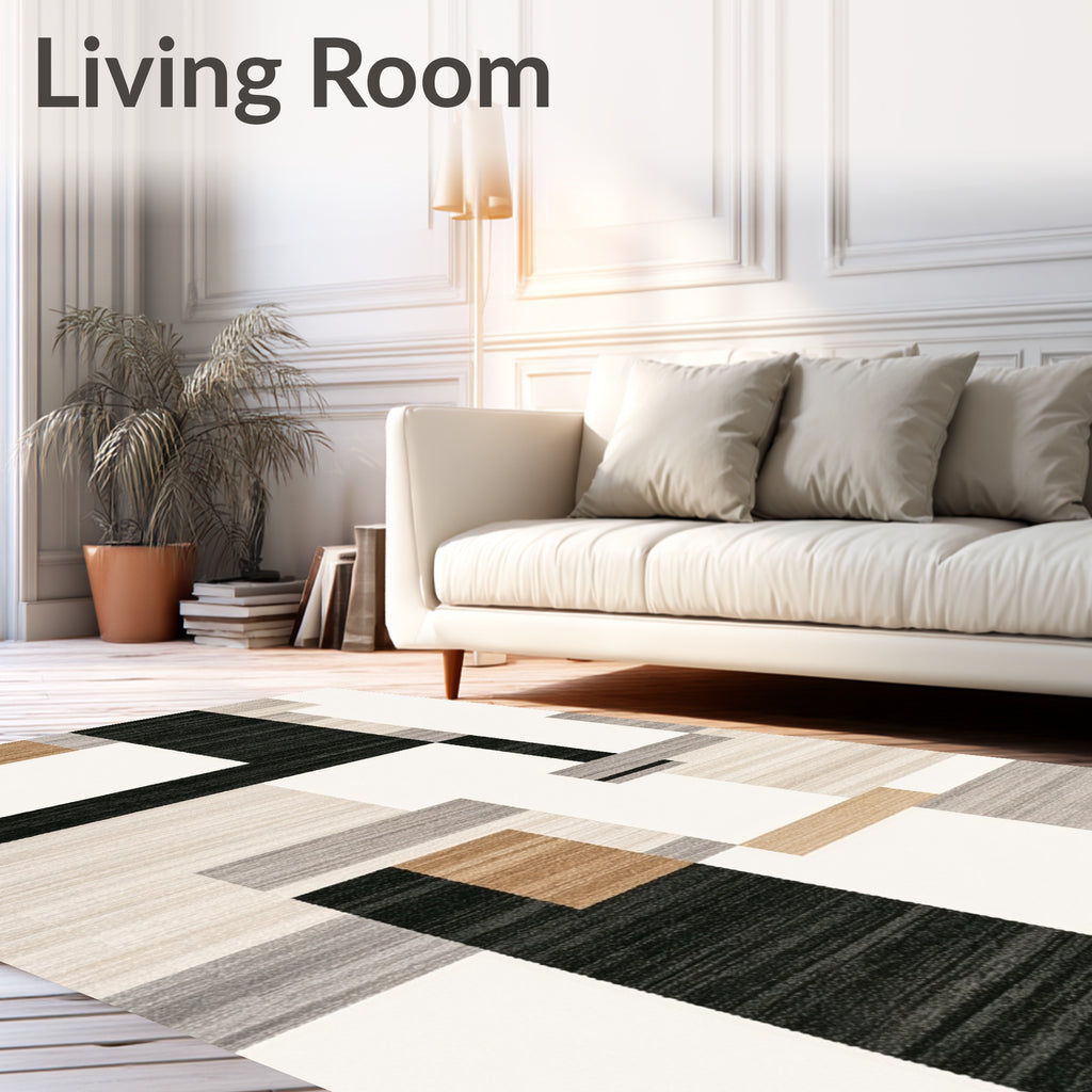 Abstract Tan Gray Black Blocks Rug