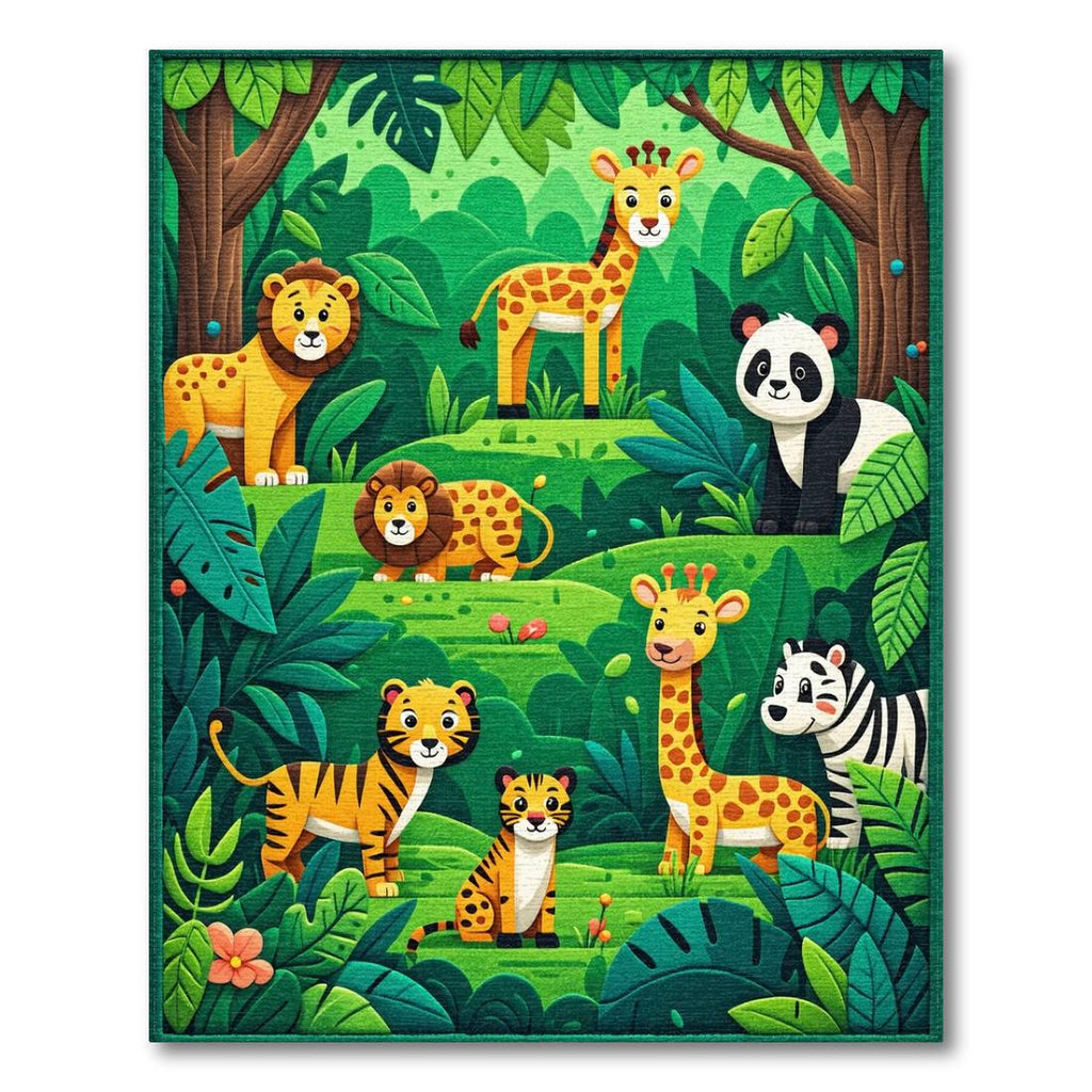 Lush Green Jungle Animal Playful Rug(Green)