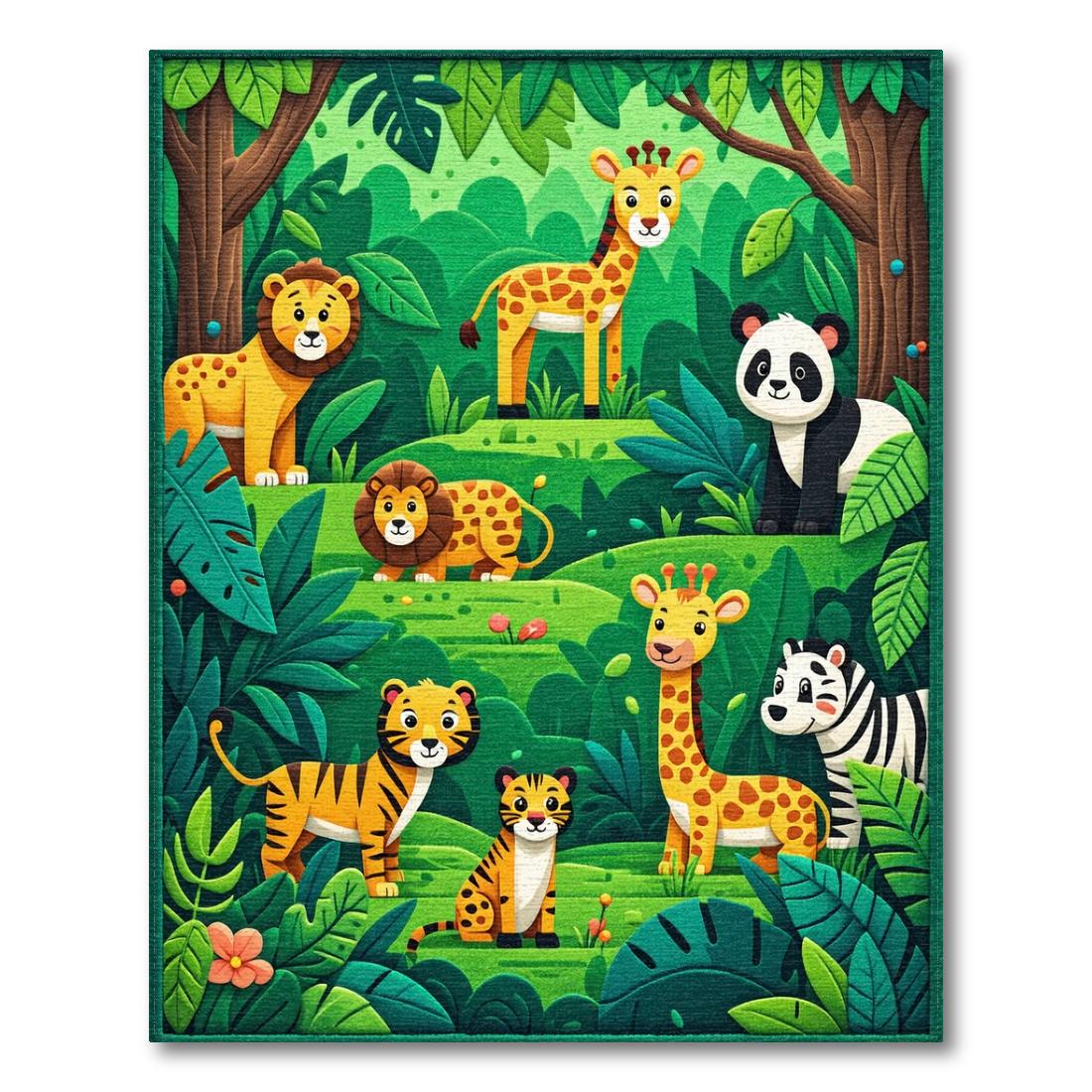 Lush Green Jungle Animal Playful Rug(Green)