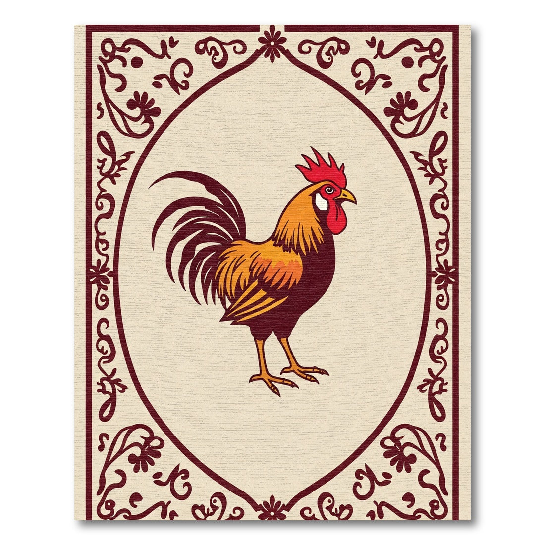 Maroon Floral Rooster Frame Rug