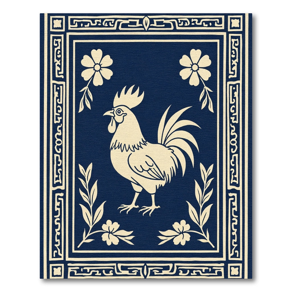 Navy Cream Rooster Floral Border Rug