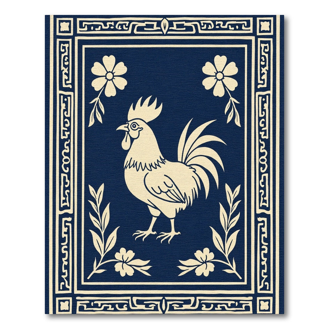 Navy Cream Rooster Floral Border Rug