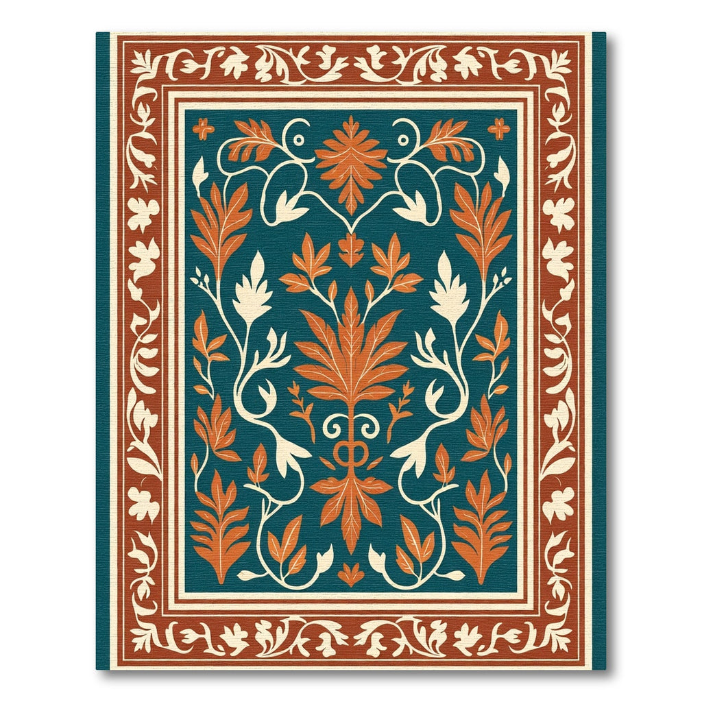 Teal Orange White Floral Vine Border Rug