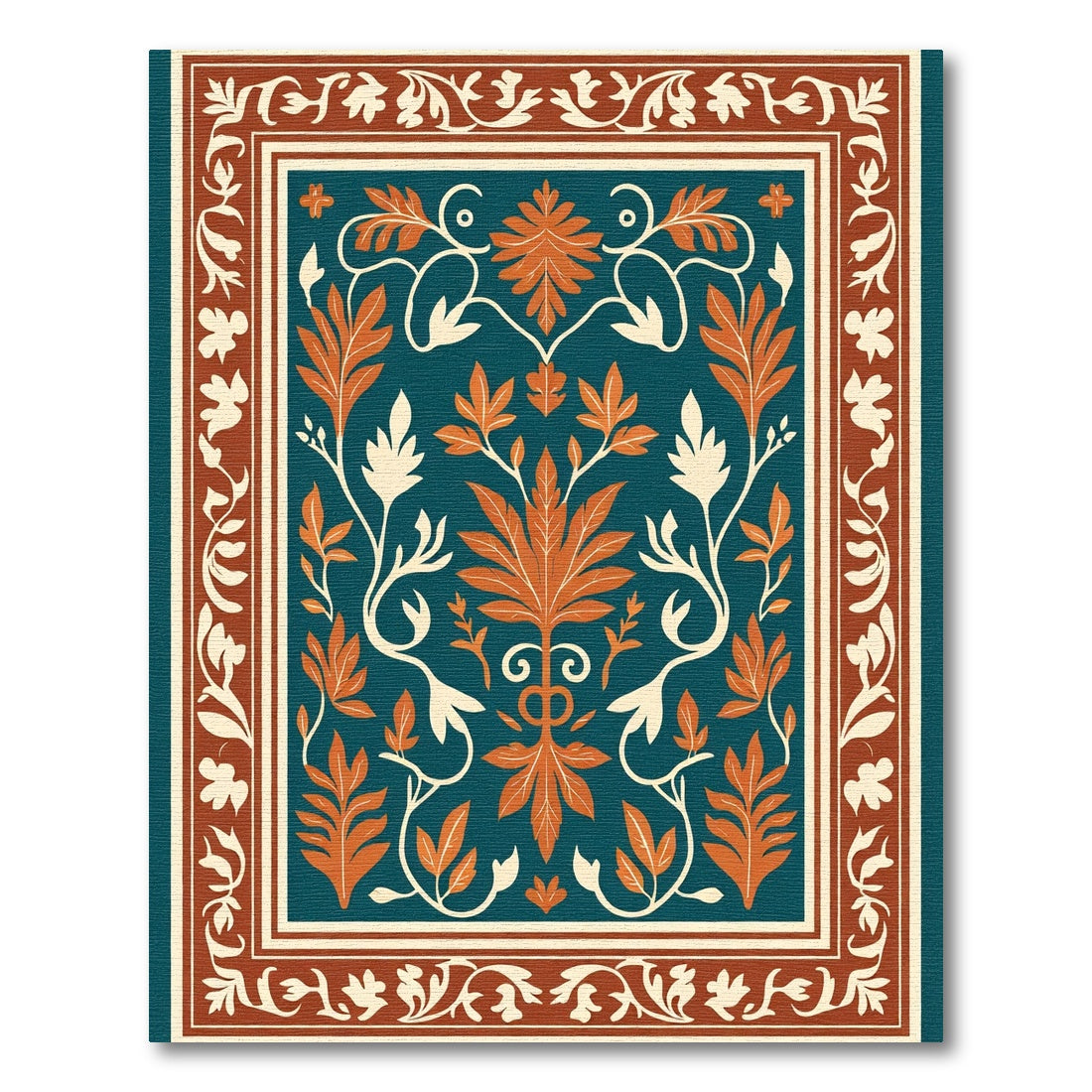 Teal Orange White Floral Vine Border Rug