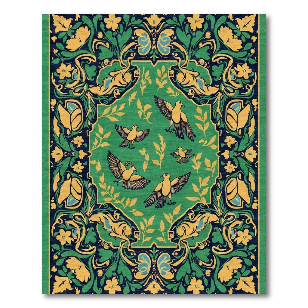 Green Yellow Birds Floral Border Rug