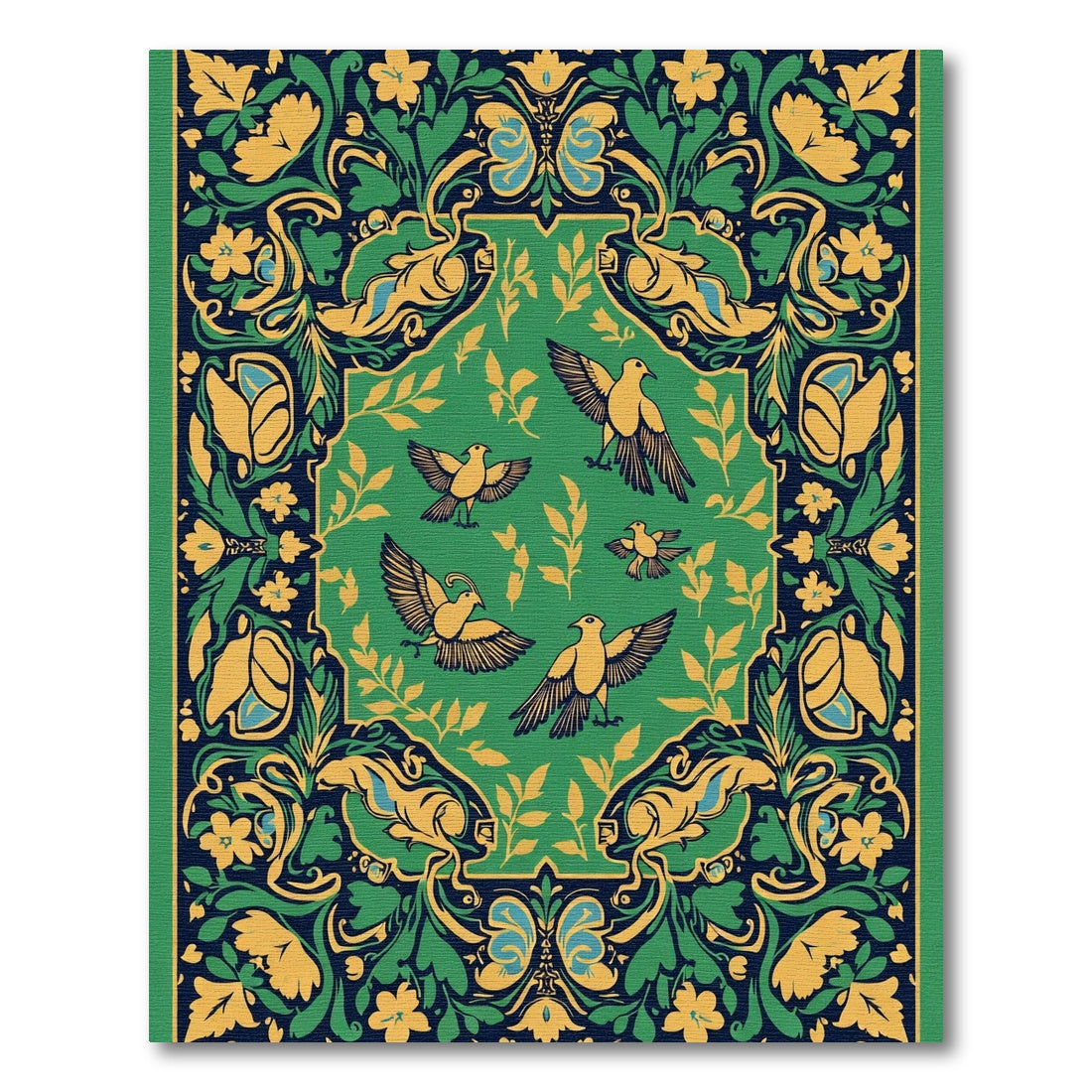 Green Yellow Birds Floral Border Rug