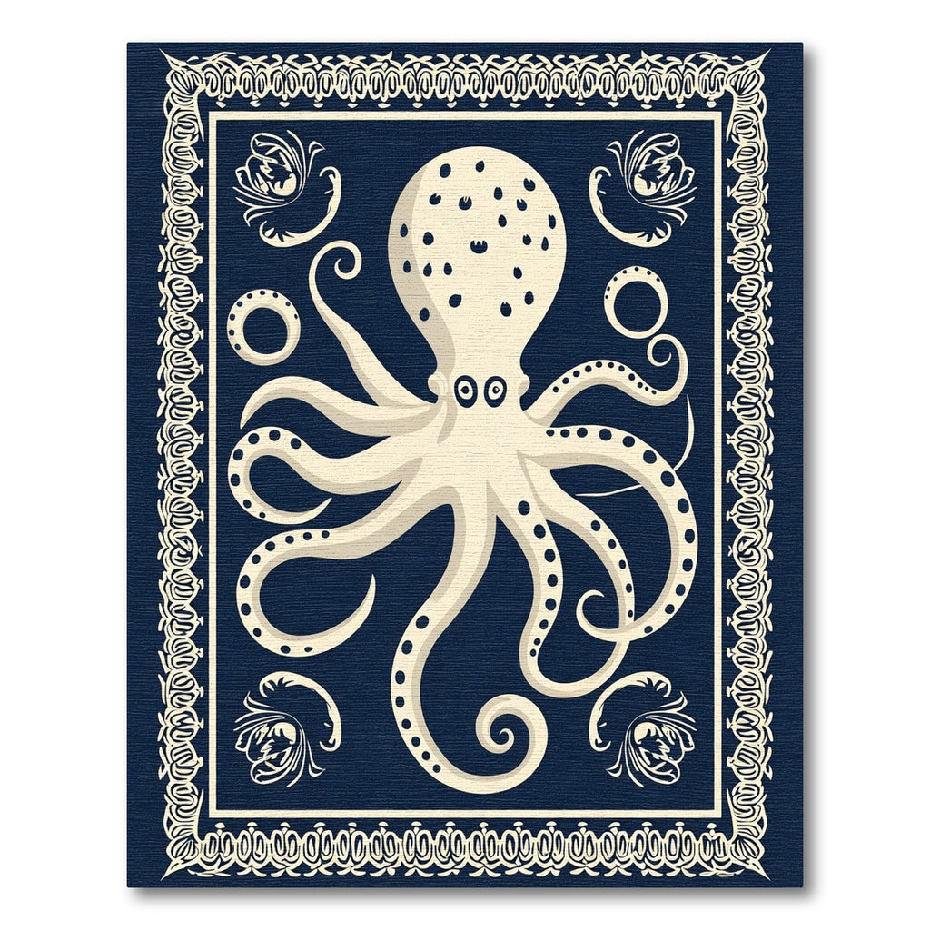 Cream Octopus Navy Victorian Border Rug