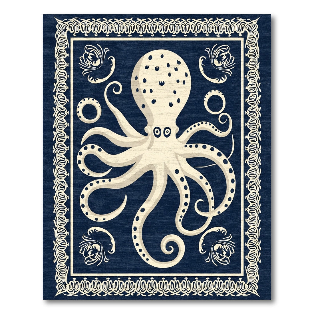 Cream Octopus Navy Victorian Border Rug