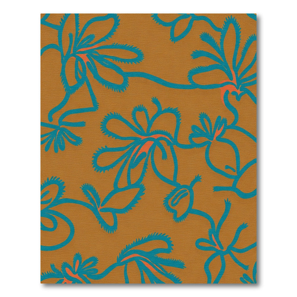 Teal Blue Floral Vines on Amber Rug