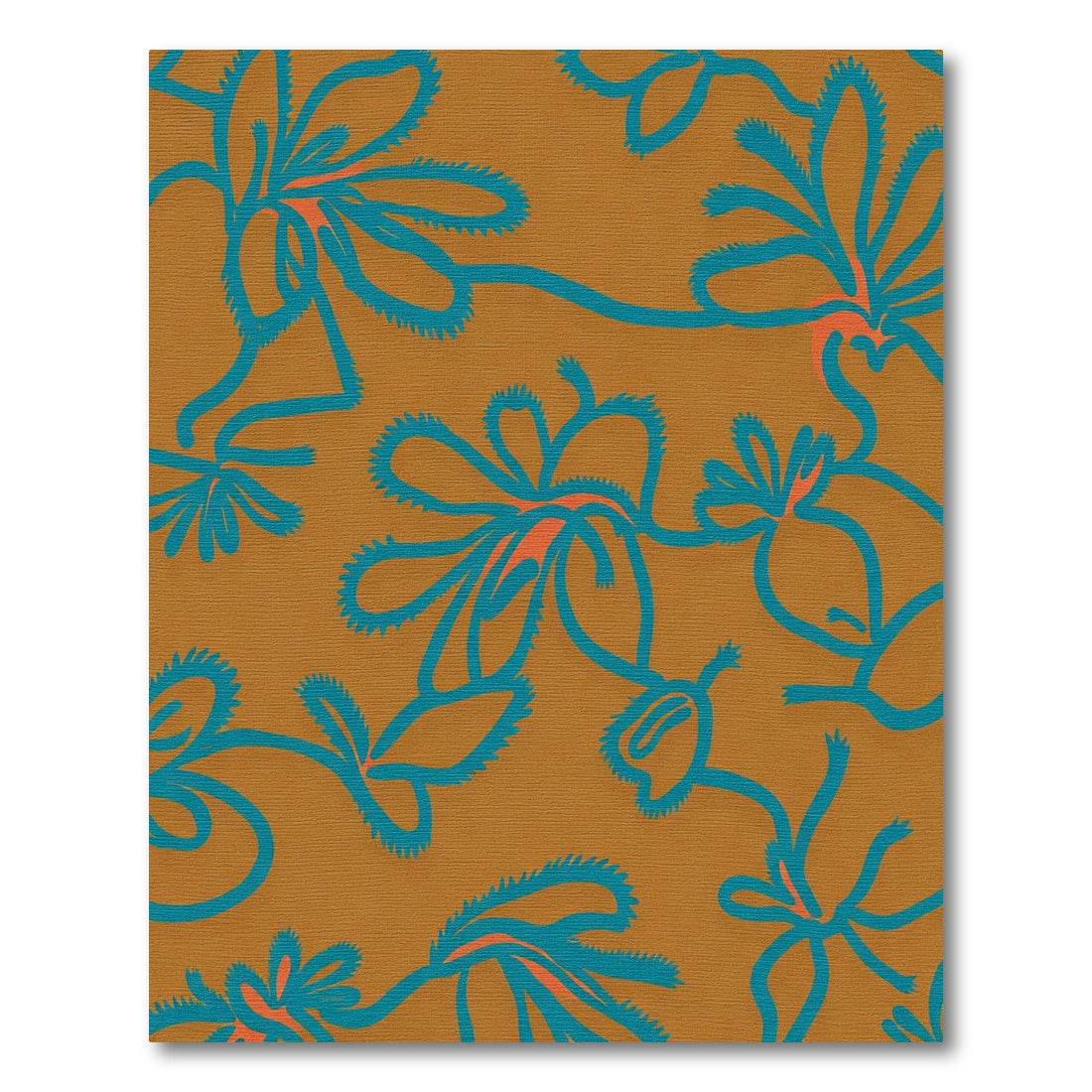Teal Blue Floral Vines on Amber Rug