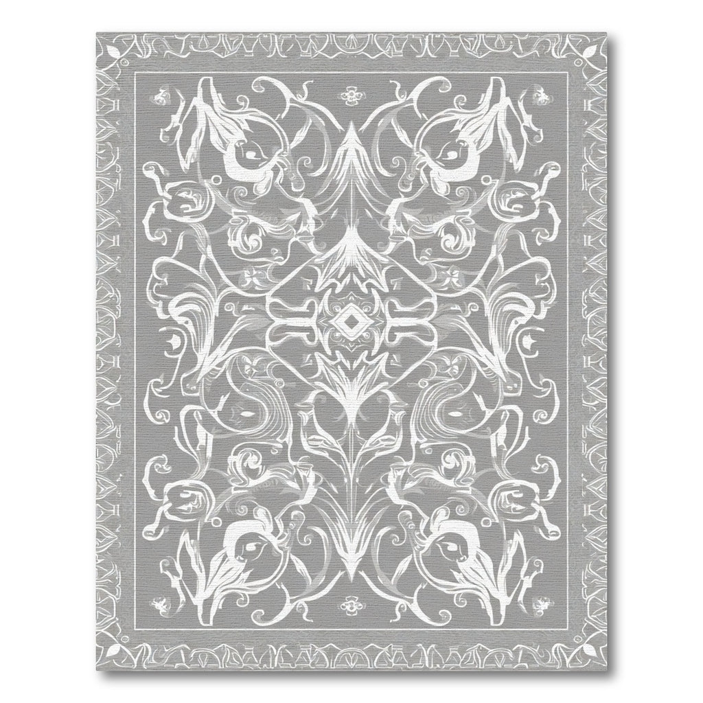 Gray White Abstract Floral Scroll Border Rug