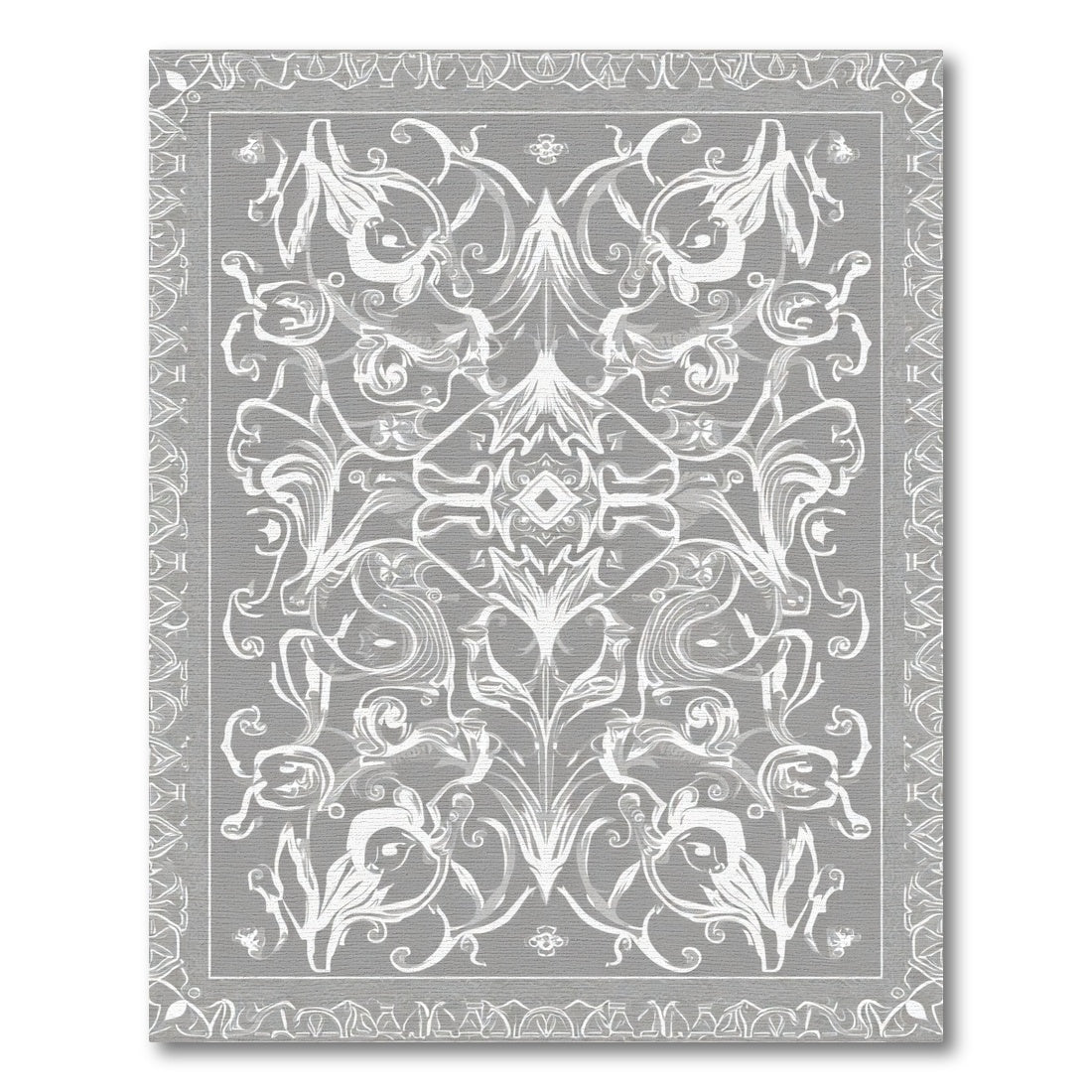Gray White Abstract Floral Scroll Border Rug