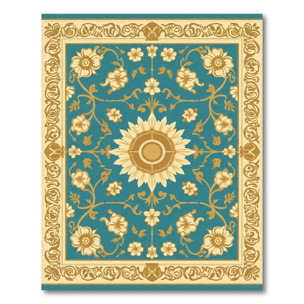 Golden Teal Floral Medallion Border Rug