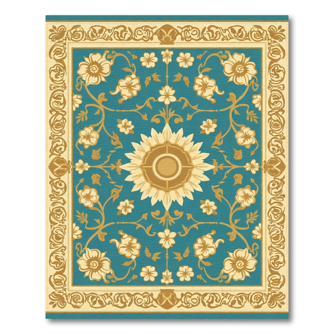 Golden Teal Floral Medallion Border Rug