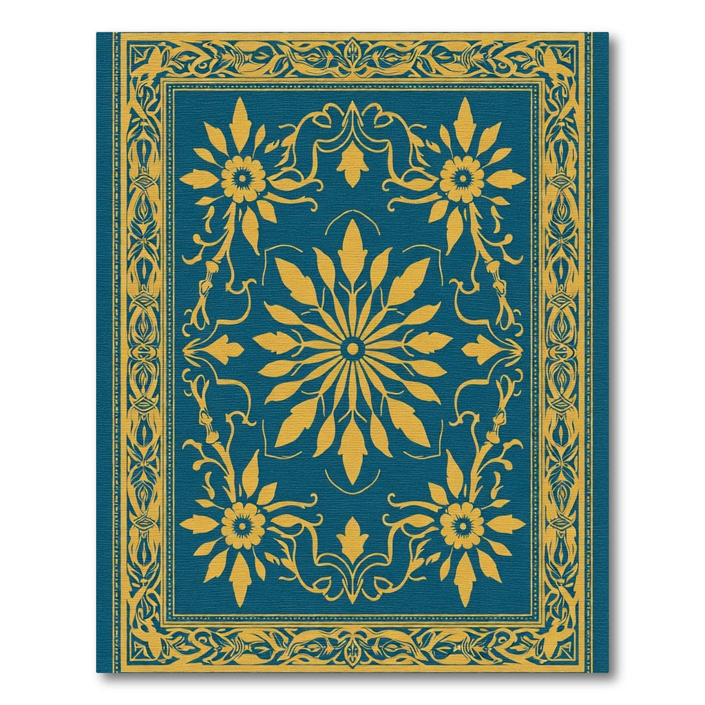 Teal Golden Floral Medallion Border Rug
