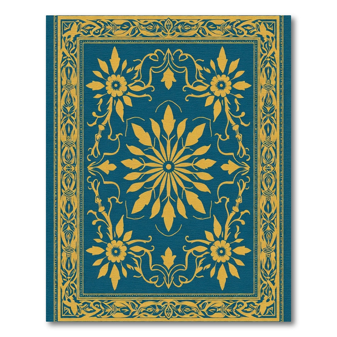 Teal Golden Floral Medallion Border Rug