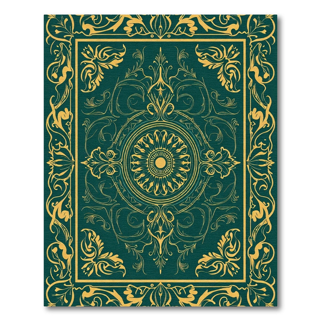 Ornate Teal Gold Floral Border Centerpiece Rug