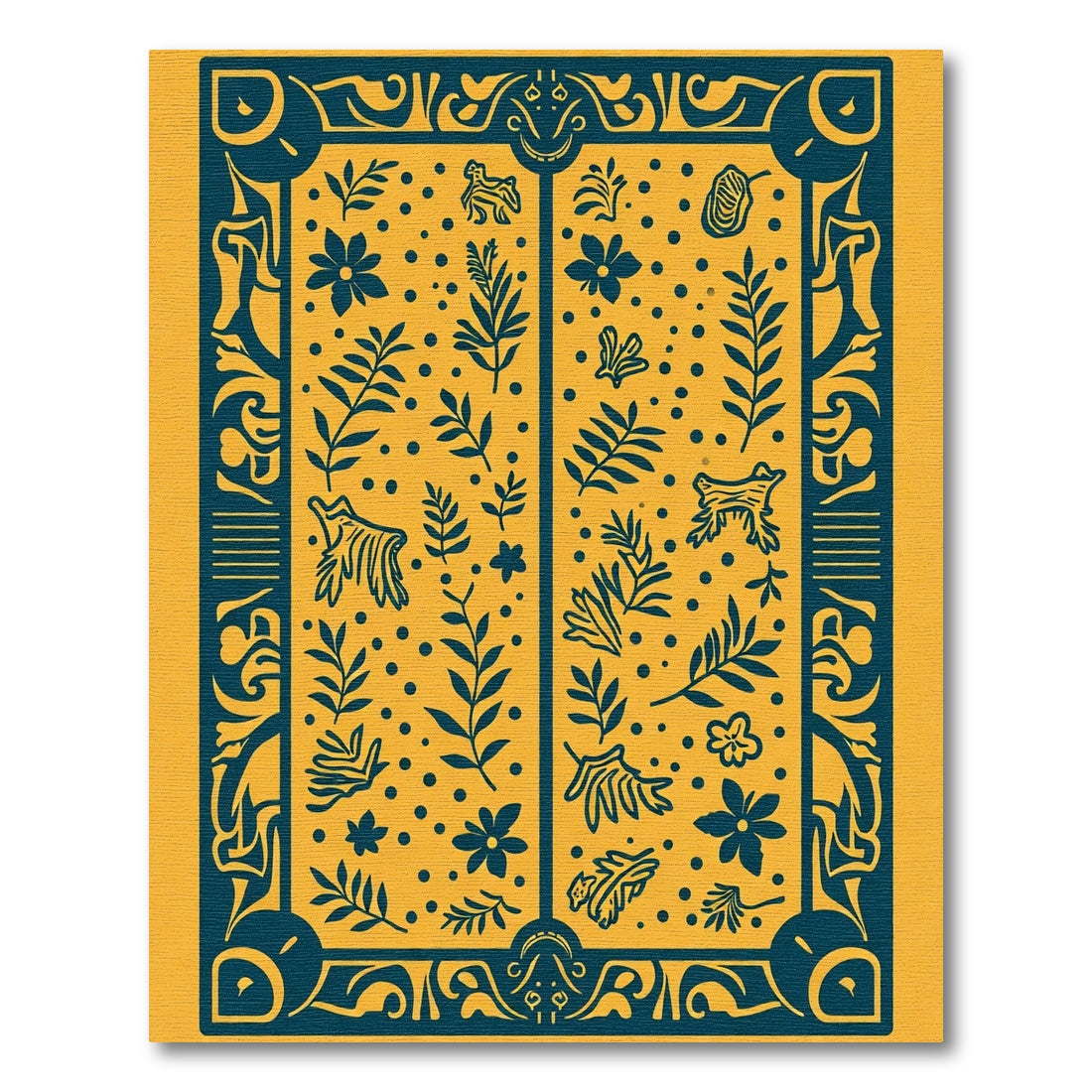 Golden Yellow Teal Floral Animal Abstract Rug