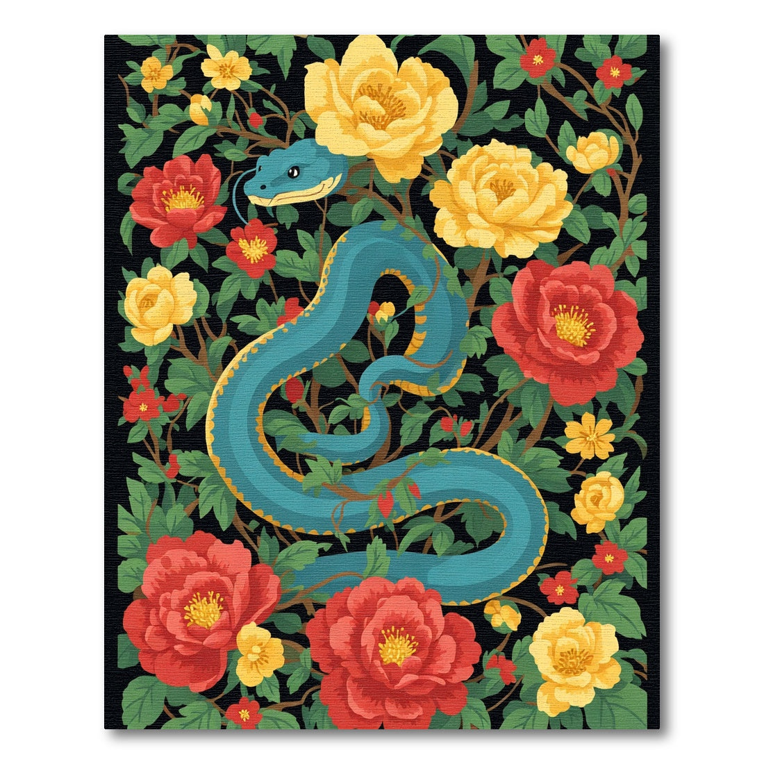 Blue Serpent Among Red Yellow Blooms Rug