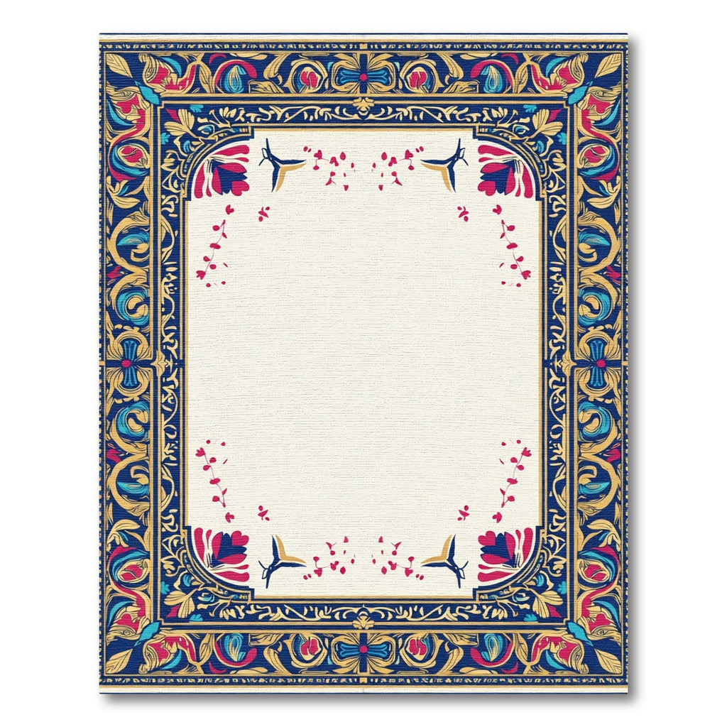 Ornate Crimson Blue Gold Floral Border Rug