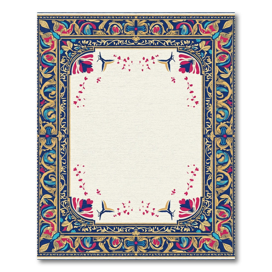 Ornate Crimson Blue Gold Floral Border Rug