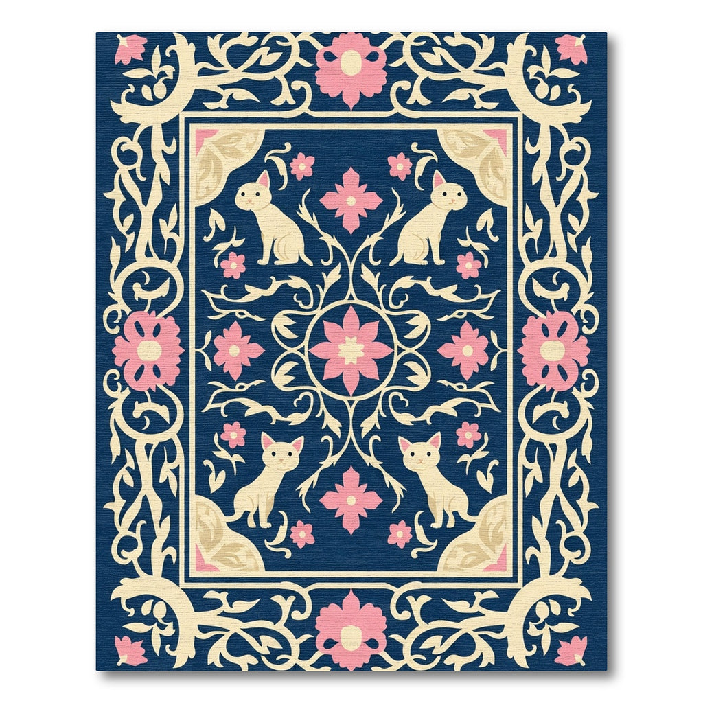 Charming Navy Floral Cat Ornament Rug