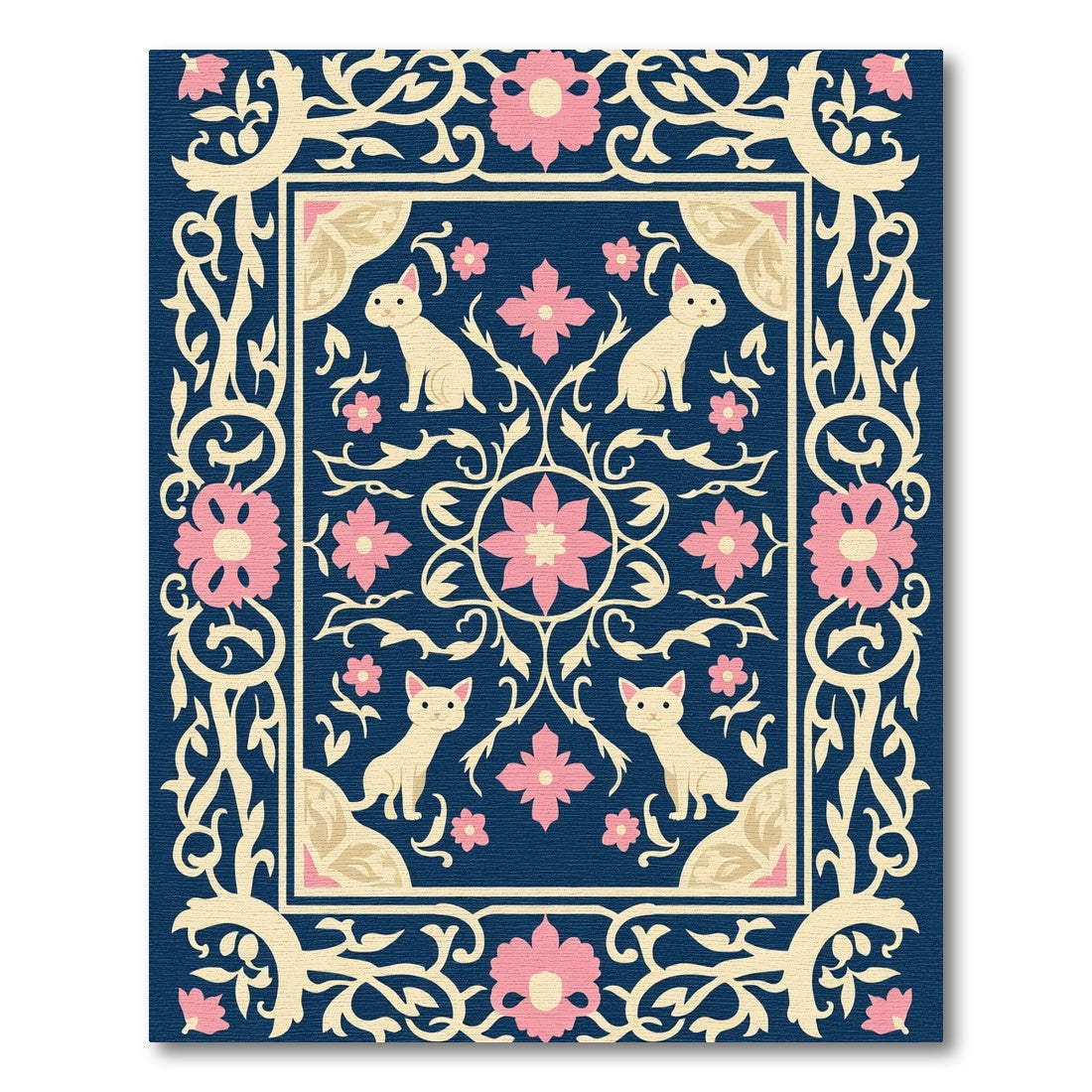 Charming Navy Floral Cat Ornament Rug