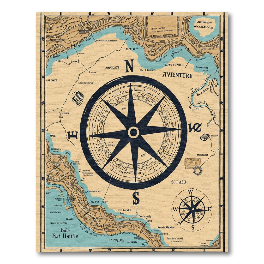 Vintage Nautical Map Compass Rose Rug