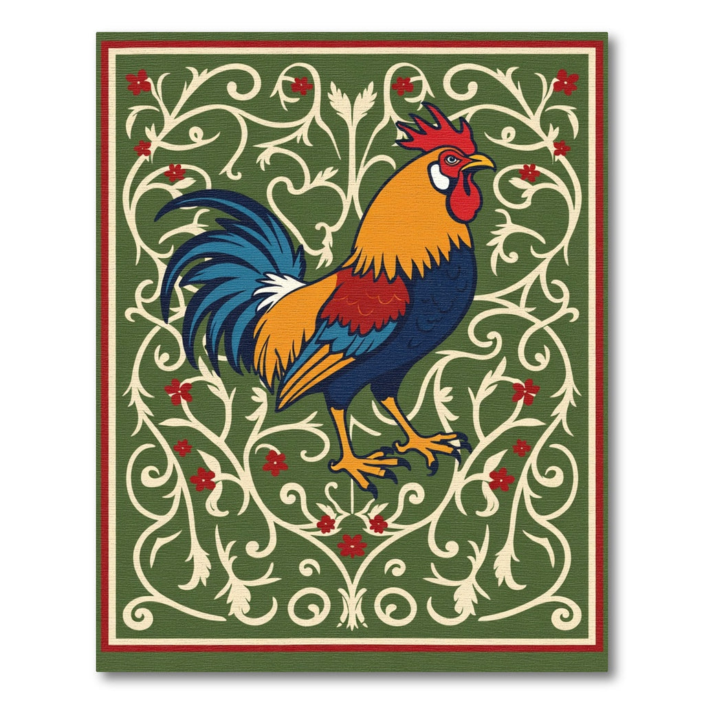 Rooster And Floral Scrollwork Rug