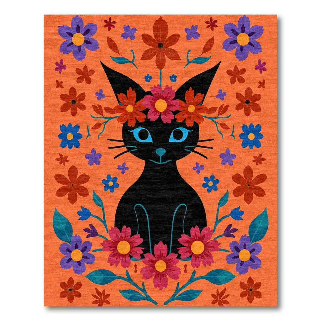 Black Cat Floral Crown Orange Rug