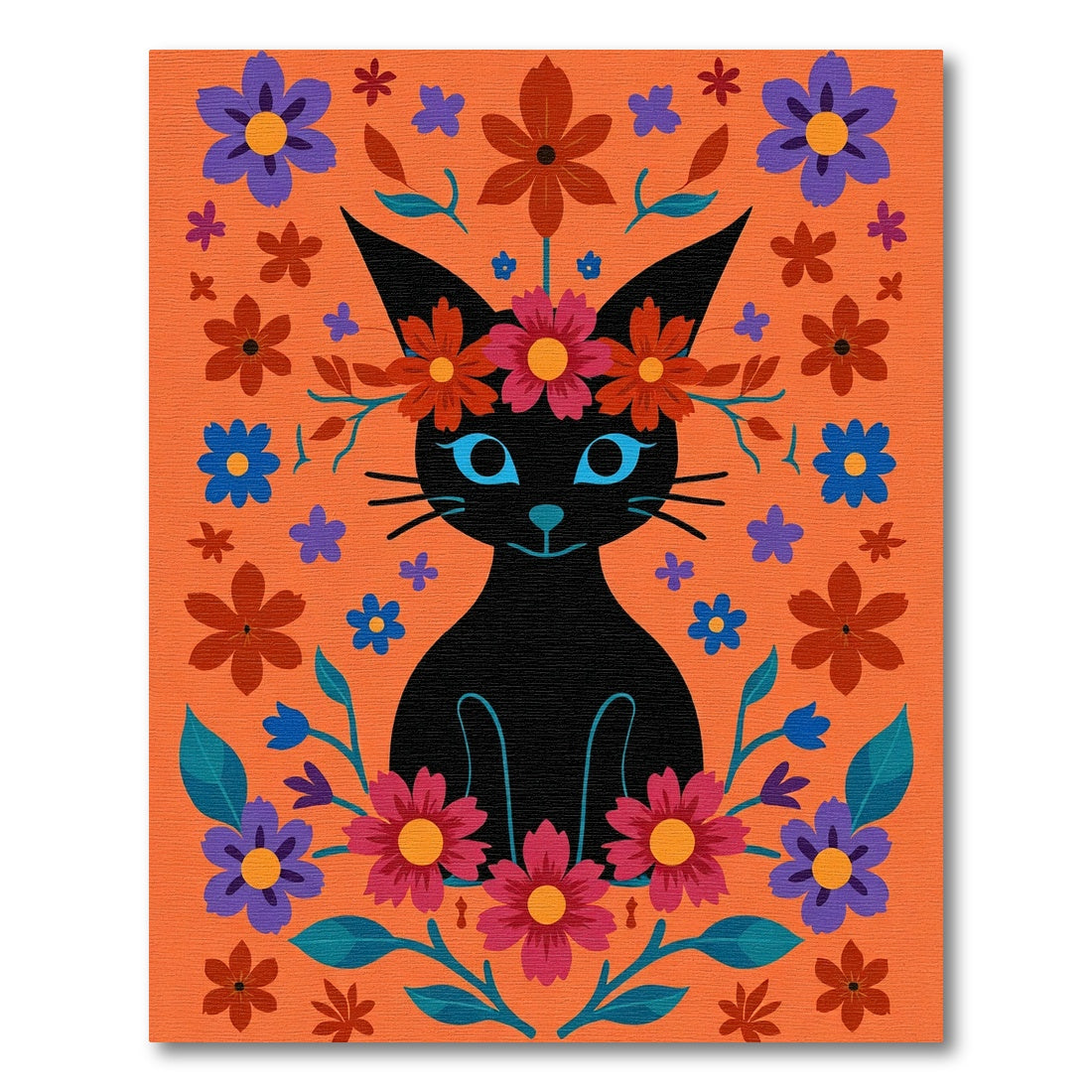 Black Cat Floral Crown Orange Rug
