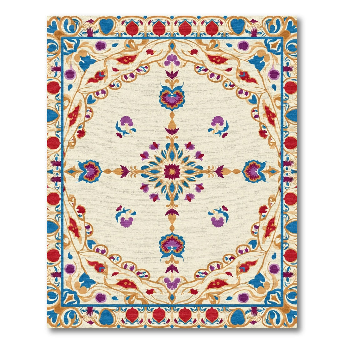 Vibrant Floral Medallion With Blue Border Rug