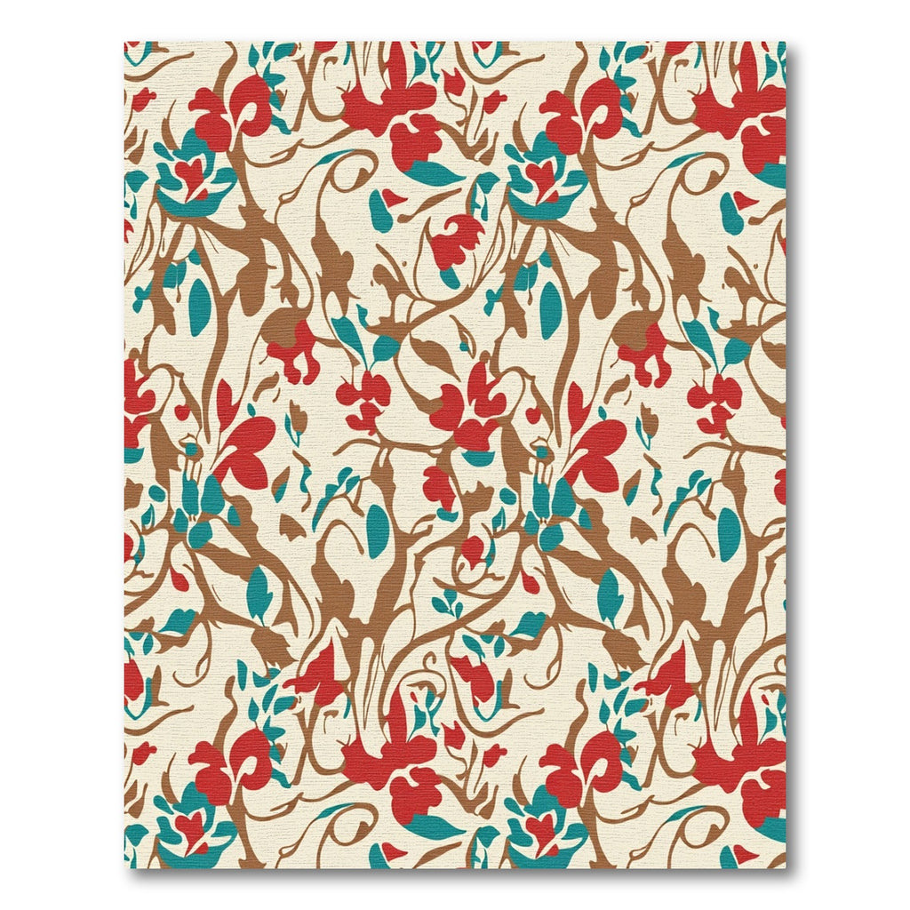 Red Teal Brown Floral Vine Swirls Rug