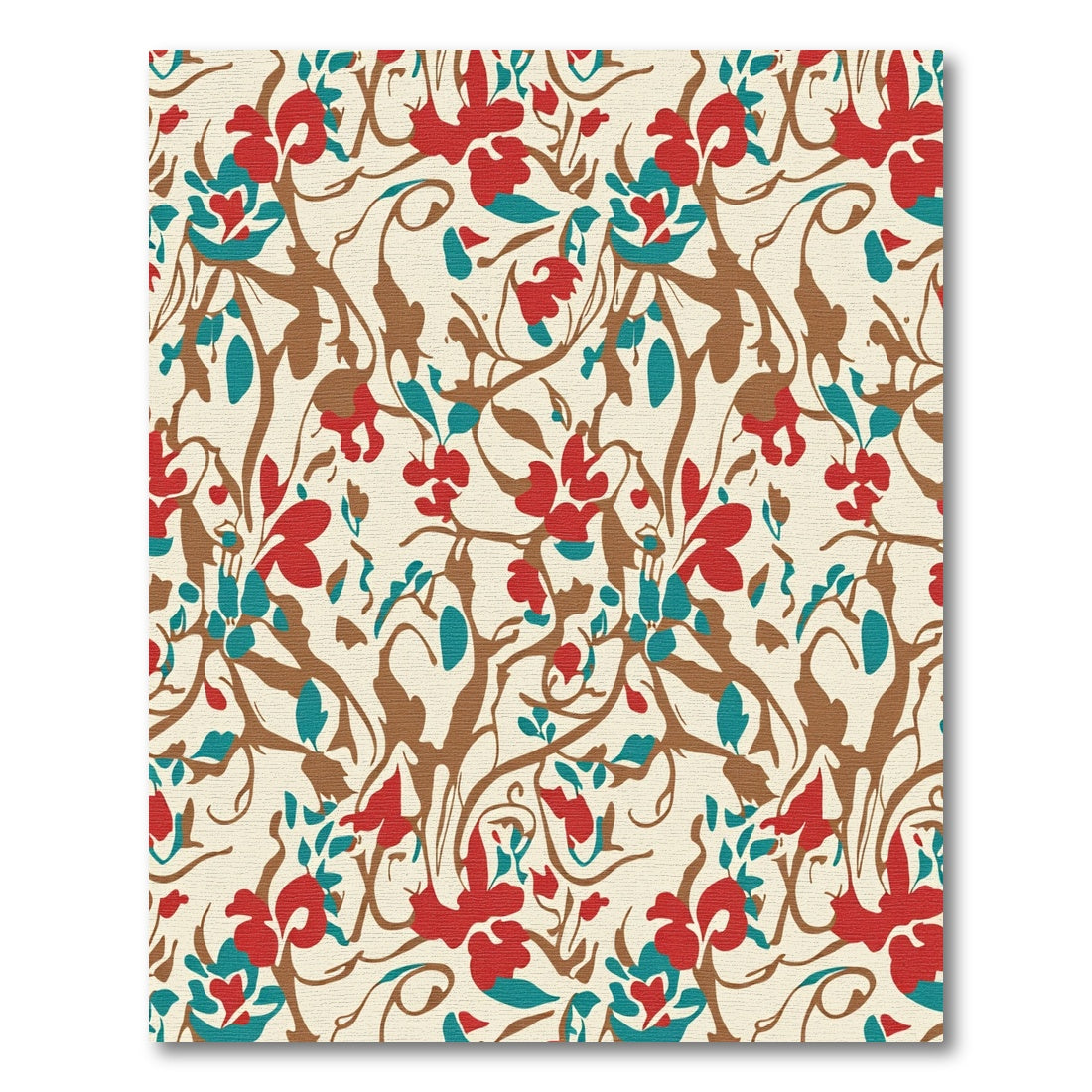 Red Teal Brown Floral Vine Swirls Rug