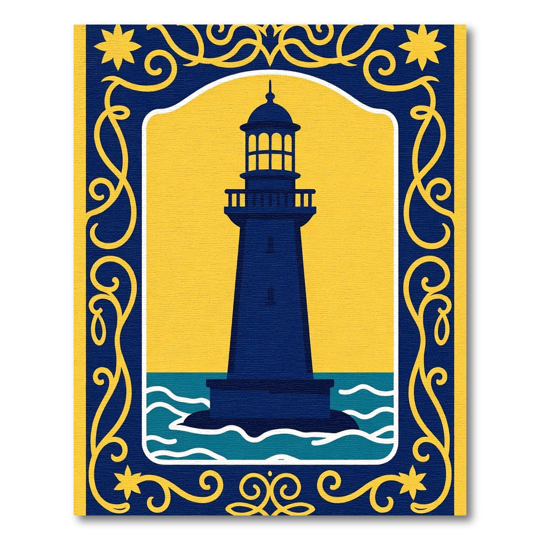 Navy Lighthouse Yellow Swirls Border Rug