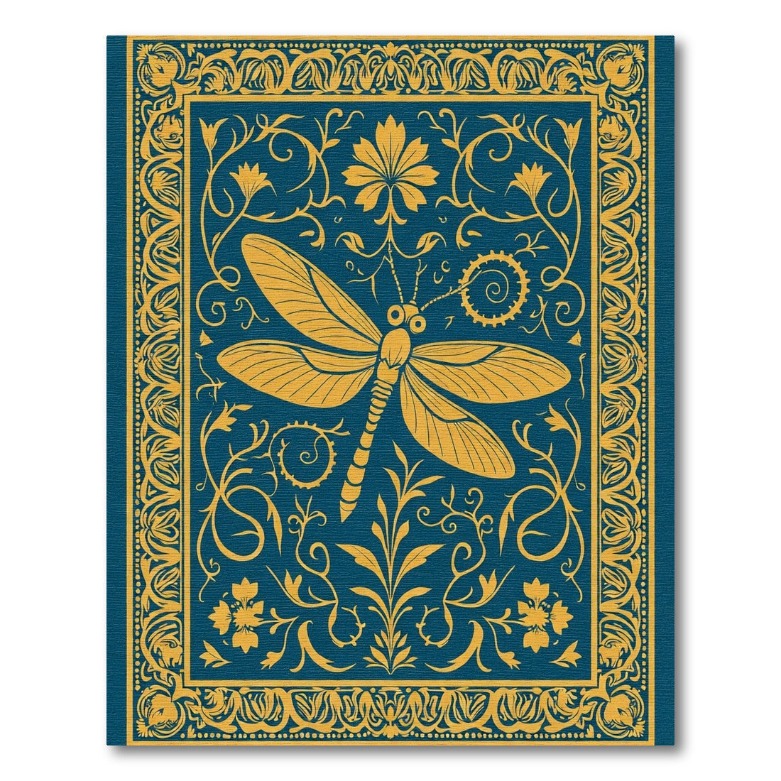 Golden Dragonfly Teal Floral Frame Rug