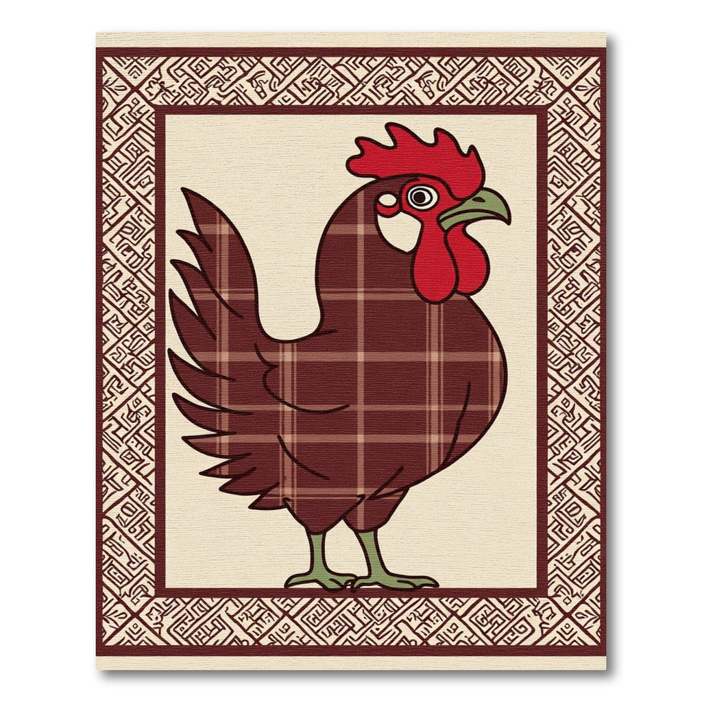 Farmhouse Burgundy Plaid Rooster Folk Art Rug