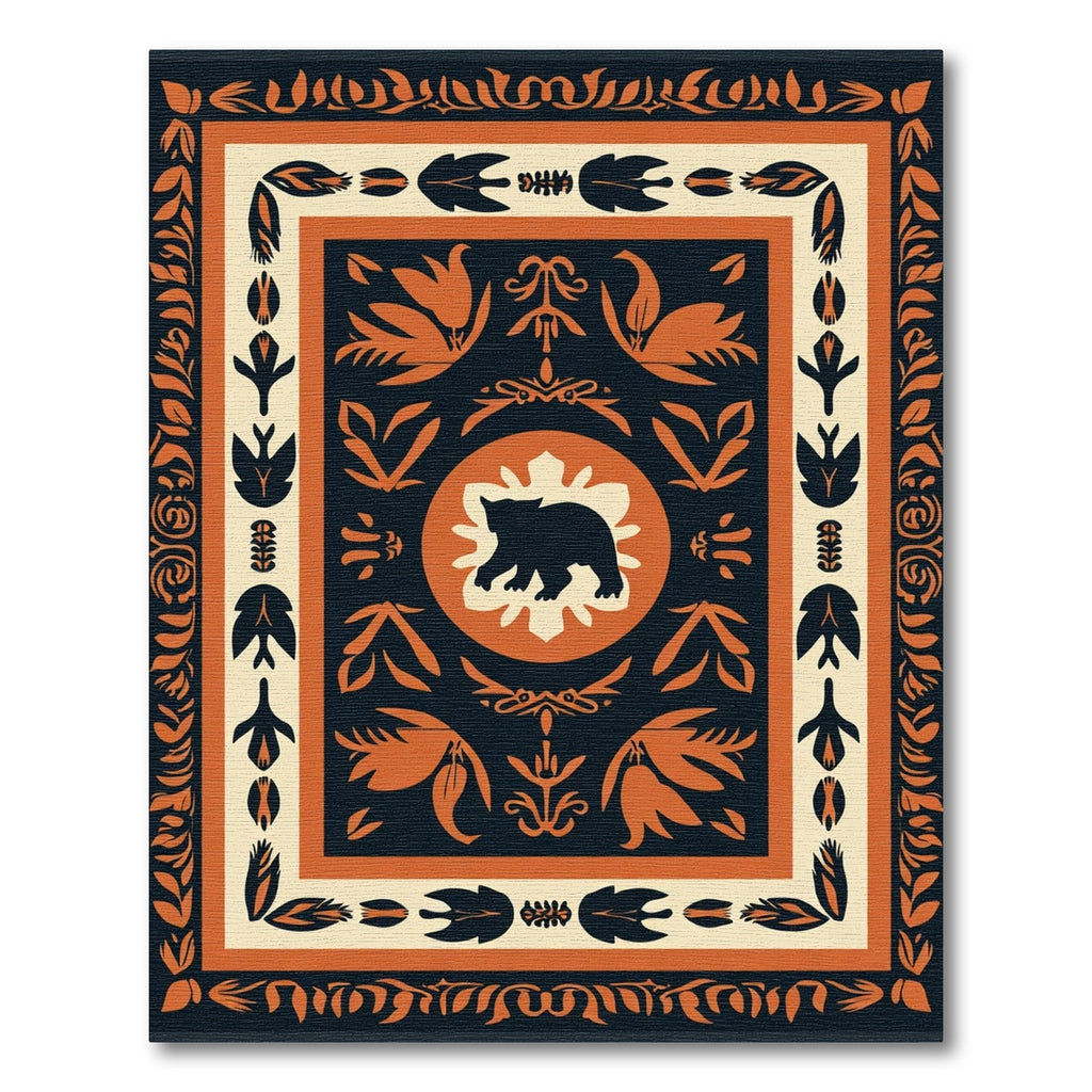 Black and Orange Bear Floral Border Rug