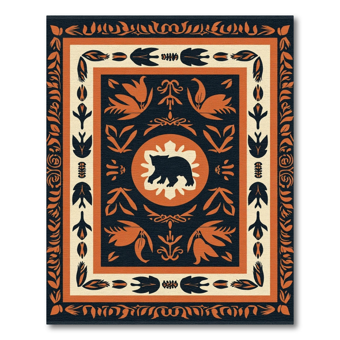 Black and Orange Bear Floral Border Rug