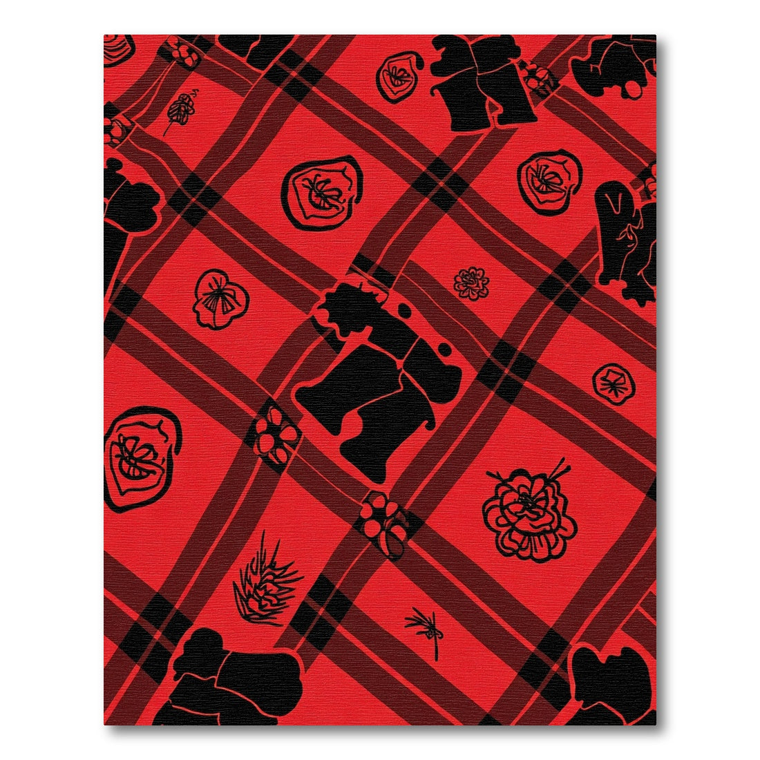 Bold Red Plaid Floral Silhouette Rug